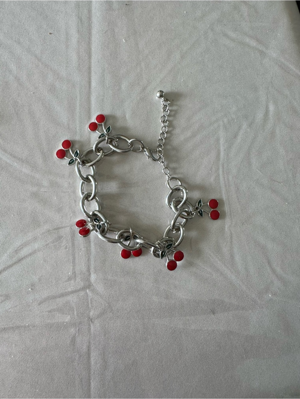 Silver Cherry Charm Bracelet - Red Cherry Dangles